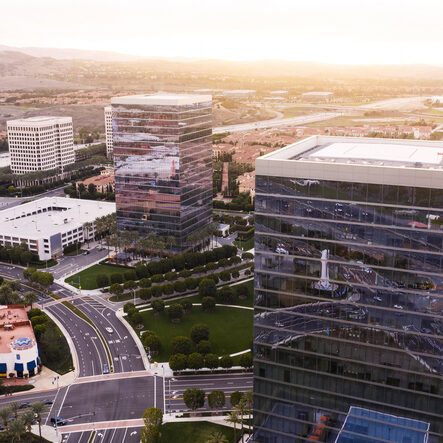 Aerial sunset view of the skyline of downtown Irvine, California, USA.